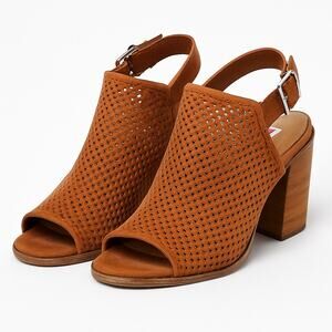 Steve Madden “Neptune” Leather Perforated Block Heel Sandals – Cognac – Size 8.5